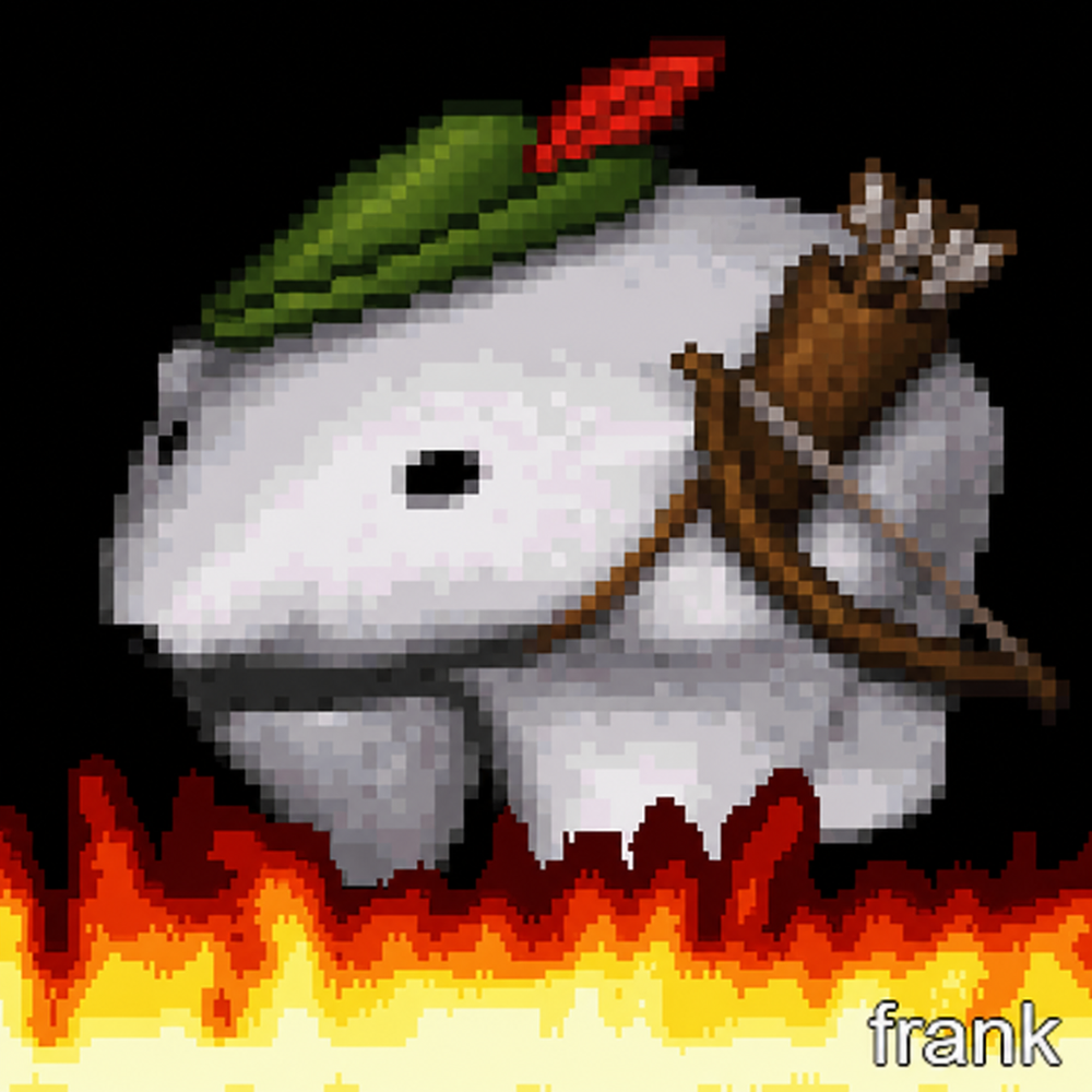 Frank the polar bear in a Robin Hood cap, standing in fire